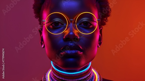 A woman with neon glasses and a necklace on her neck, AI