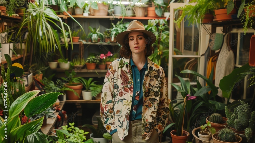 A woman standing in a room with plants and flowers, AI A woman standing in a room with plants and flowers, AI