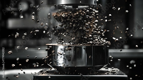 Coffee beans scattering in mid-air as they are ground by a professional-grade coffee grinder. 