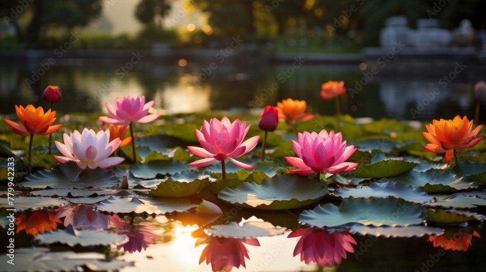 A lotus pond with pink and white flowers and green leaves reflecting on the water A lotus pond with pink and white flowers and green leaves reflecting on the water