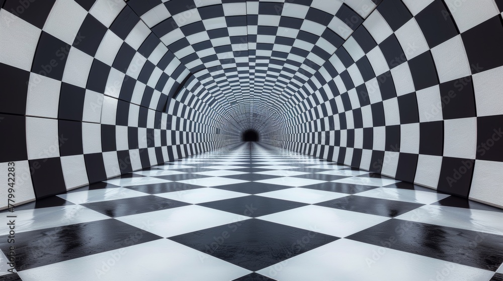 Naklejka premium A black and white checkered tunnel with a light at the end, AI