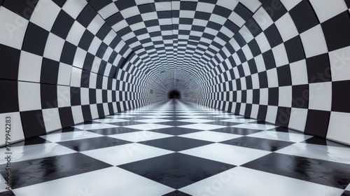 A black and white checkered tunnel with a light at the end  AI
