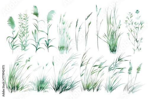 Set of hand-drawn withered grass sketches in light green, abstract spring nature illustration