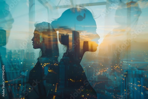 Silhouettes of business people in modern glass office overlooking cityscape, double exposure