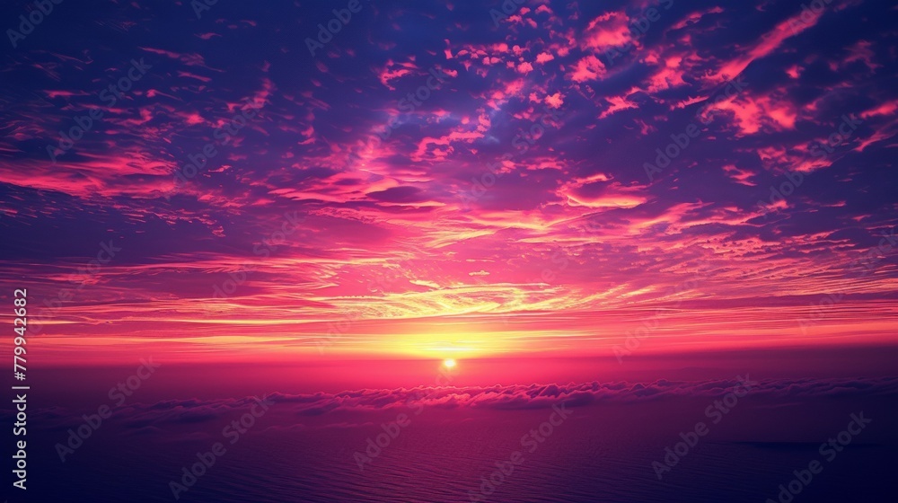 A view of a beautiful sunset over the ocean with clouds, AI