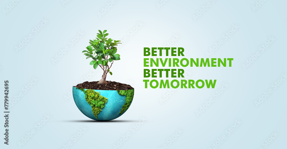World environment day and earth day 3d concept background. Ecology concept. Design with globe map drawing and leaves isolated on white background. Better Environment, Better Tomorrow. - obrazy, fototapety, plakaty 