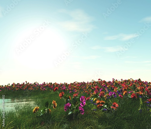 Beautiful green meadow with flowers, meadow of flowers on the lake, 3D rendering