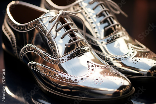 A close-up shot of a pair of silver metallic brogues with intricate cut-out patterns, on a reflective surface. photo