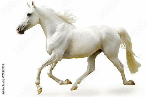 Beautiful white arabian horses running over a white background