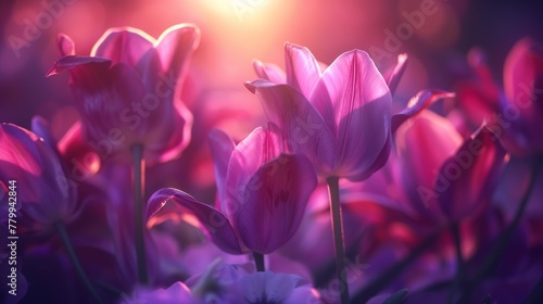 A close up of a bunch of purple flowers with the sun behind them, AI