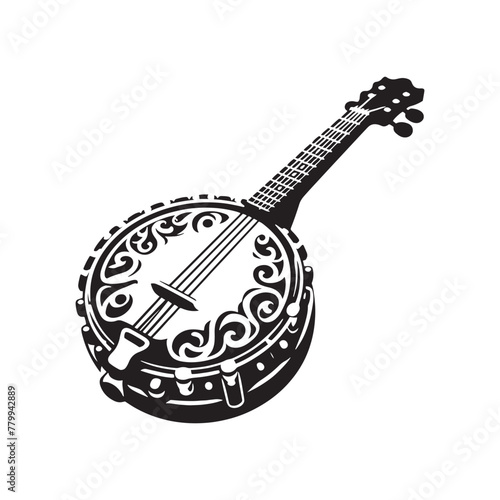 Melodic Strings: Detailed Banjo Silhouette, Accompanied by Minimalist Vector Rendering, Banjo Illustration - Minimallest Banjo Vector
