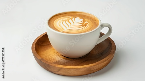 Hot espresso cafe latte coffee with latte art in white ceramic cup on wooden saucer, on flat white background