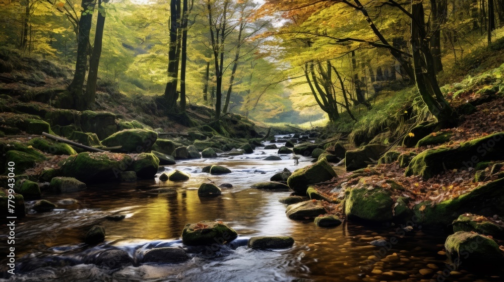 A beautiful nature scene with a stream and trees in fall A beautiful nature scene with a stream and trees in fall