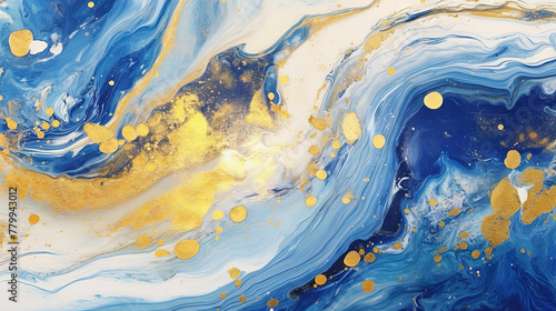 Abstract artistic background with blue marble and golden paint stains.