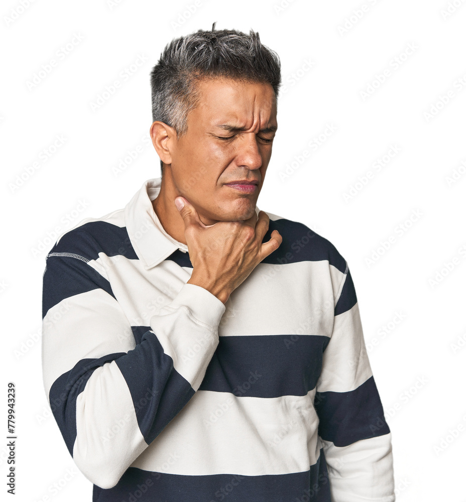 Middle-aged Latino man suffers pain in throat due a virus or infection. Middle-aged Latino man suffers pain in throat due a virus or infection.