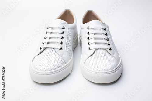 A close-up shot of a pair of white leather sneakers with perforated details, on a pristine white background.