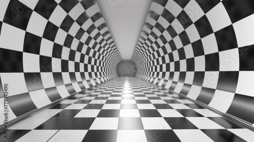 A black and white checkered tunnel with a light at the end, AI
