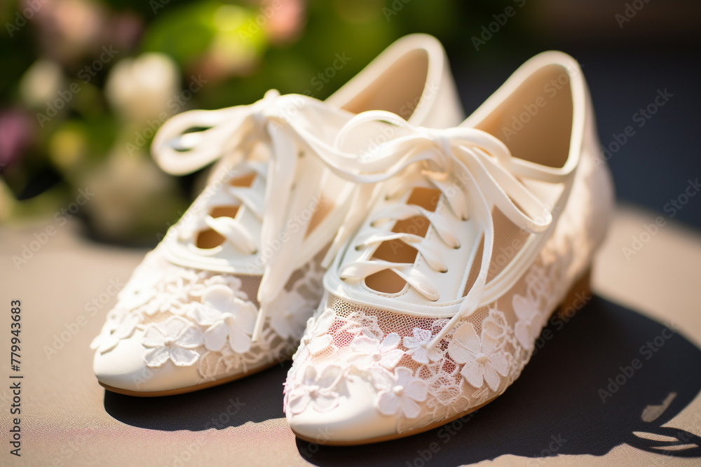 A close-up shot of a pair of white lace-up ballet flats with delicate floral lace detailing.