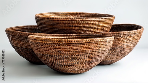 Examining closely, nested rattan bowls exhibit a harmonious blend of texture and form, inviting