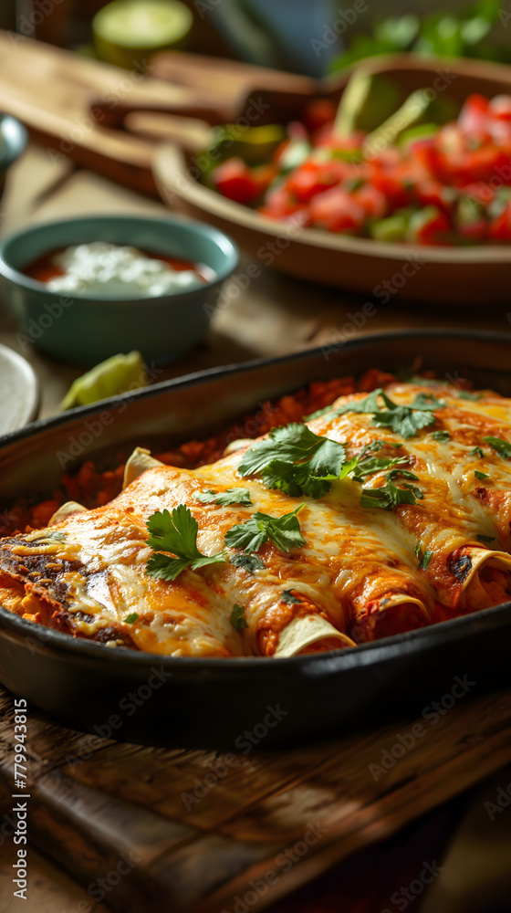 Appetizing Cheesy Enchiladas Served on a Plate with Fresh Toppings