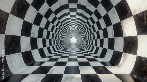 A tunnel with a light at the end of it in black and white  AI