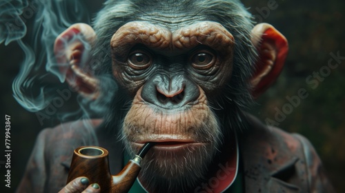 A monkey smoking a pipe with smoke coming out of his mouth, AI