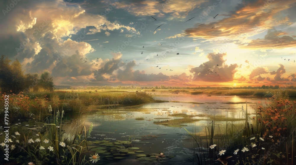 A painting of a beautiful sunset over the water and flowers, AI