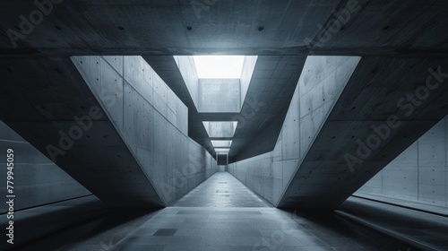 A long hallway with concrete walls and a light shining through, AI