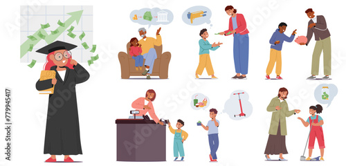 Parents Teaching Children Finance Literacy. Education Involves Guiding Them On Budgeting, Saving, Investing