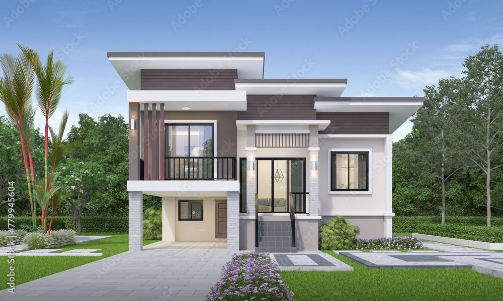 3D house exterior day light with lawn grass.3d rendering