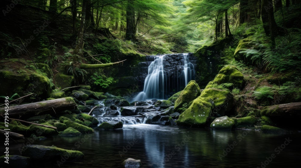 A serene waterfall surrounded by greenery Description A serene waterfall surrounded by greenery Description