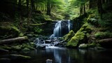 A serene waterfall surrounded by greenery Description