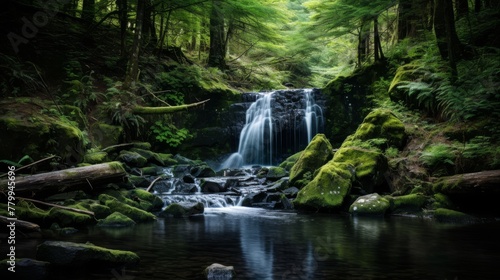A serene waterfall surrounded by greenery Description
