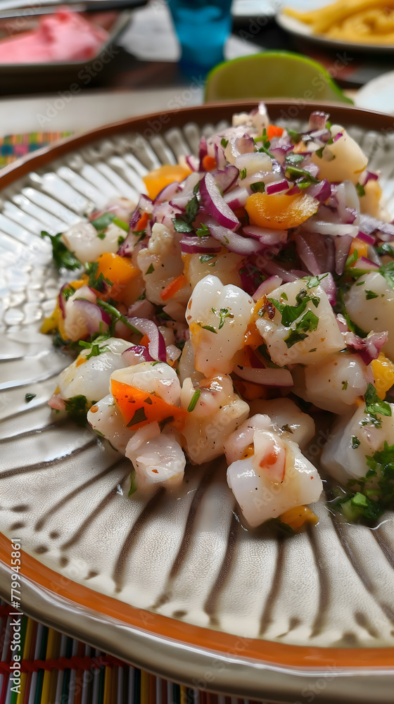Colorful Fresh Ceviche in a Traditional Clay Bowl on a Vibrant Table Setting Colorful Fresh Ceviche in a Traditional Clay Bowl on a Vibrant Table Setting
