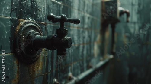 A rusty water faucet on a wall with green tiled walls, AI