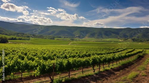 Vineyard covered hills in a serene setting