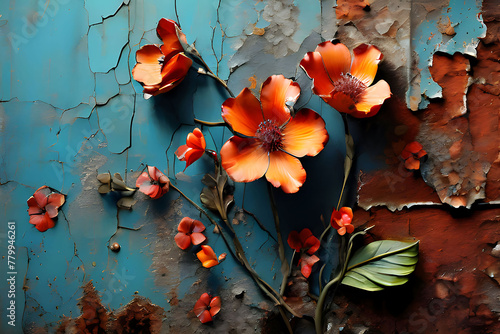 Rust and Bloom  A textured background with a juxtaposition of rusted metal and vibrant flowers pushing through the cracks  representing decay and resilience.