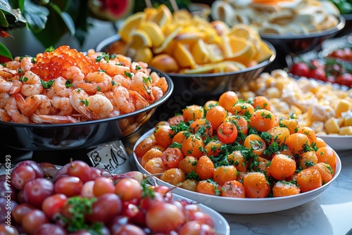 This image showcases a vibrant spread of fresh seafood and assorted fruits, with a focus on details and colors photo