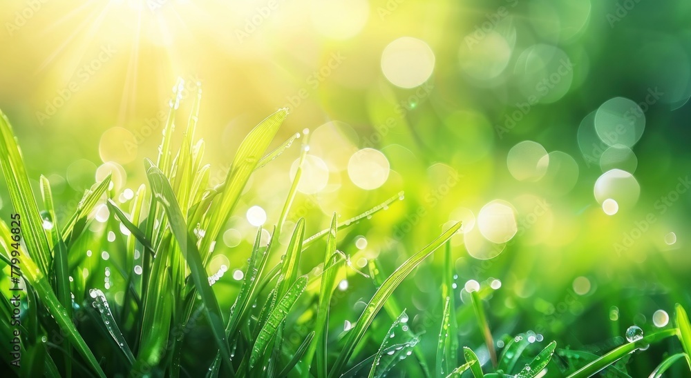 Obraz premium Dew-laden Grass Blades Radiating with Morning's First Light - Generative AI