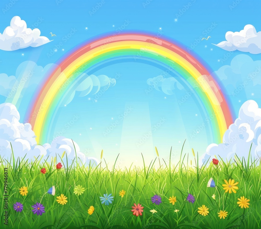 Fototapeta premium Colorful Arcadia: A Vibrant Rainbow Embraces the Sunny Meadow - Generative AI