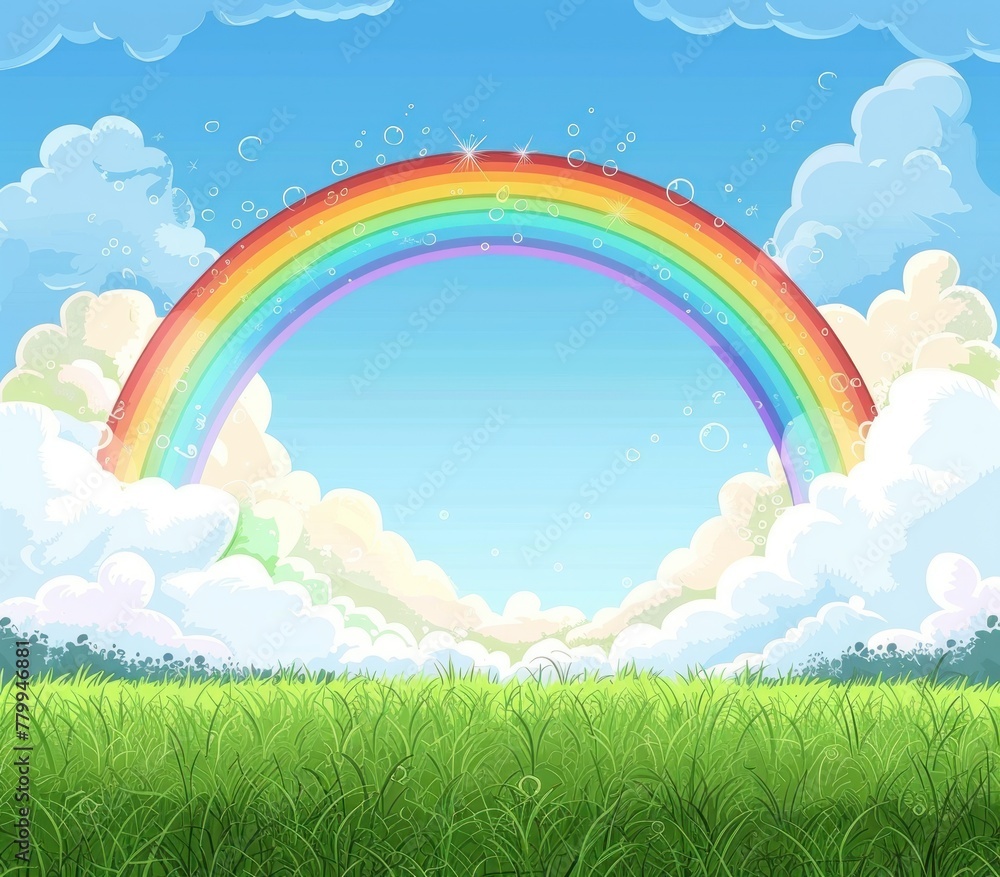 Obraz premium Colorful Arcadia: A Vibrant Rainbow Embraces the Sunny Meadow - Generative AI