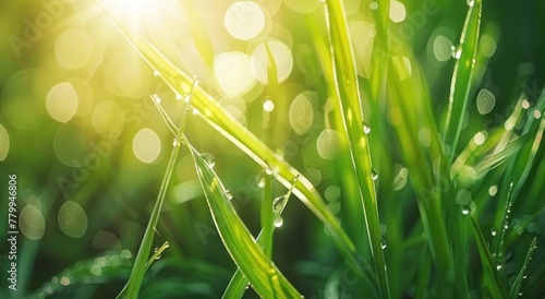 Dew-laden Grass Blades Radiating with Morning's First Light - Generative AI