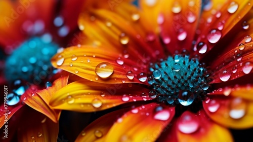 A macro shot of water droplets on a vibrant flower petal, with a contrast between the light and shadow