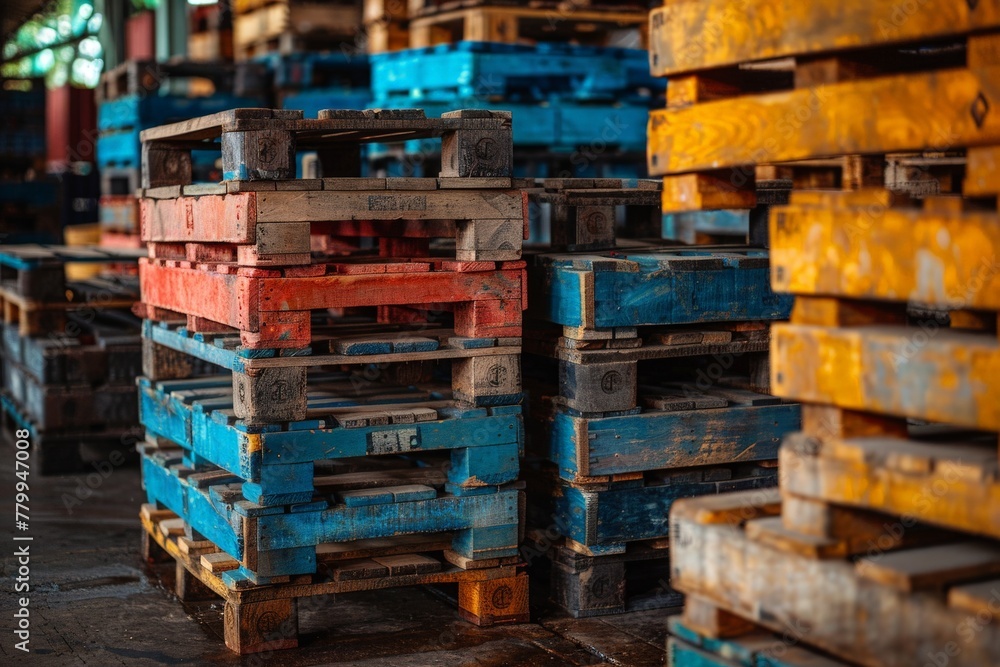 The image depicts stacks of vibrantly colored wooden pallets, highlighting industrial textures The image depicts stacks of vibrantly colored wooden pallets, highlighting industrial textures