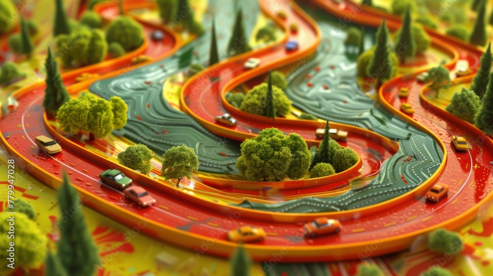 A model of a toy city with cars and trees on the road, AI