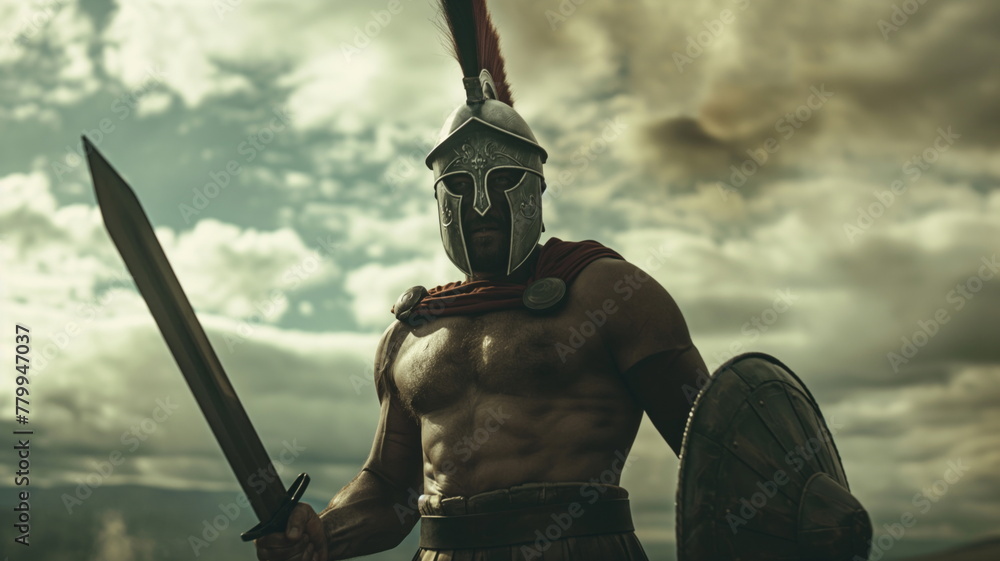 Spartan warrior brandishes his sword and shield, ready for battle - obrazy, fototapety, plakaty 