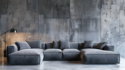 Grey modular couch against a concrete wall in a room. Modern living room interior design of loft home