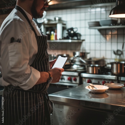 a man in a kitchen using a phone