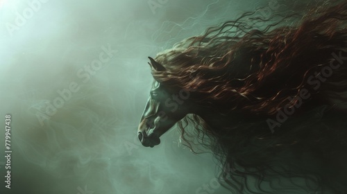 A horse with long flowing hair in a foggy environment, AI