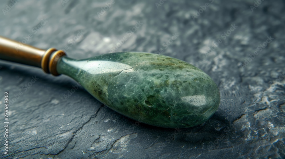 A green stone on a wooden spoon sitting in the middle of some rocks, AI A green stone on a wooden spoon sitting in the middle of some rocks, AI